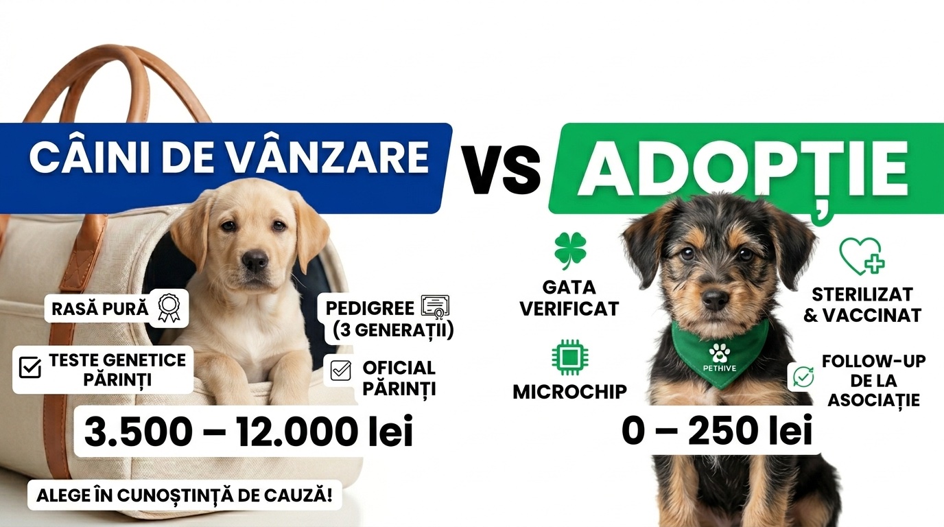 Câini de vânzare vs adopție 2026: prețuri 500-8000 lei