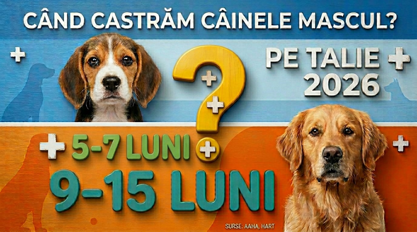 Câine mascul Labrador cu con de recuperare la cabinet veterinar, ilustrație pentru ghidul de vârstă optimă castrare câine mascul