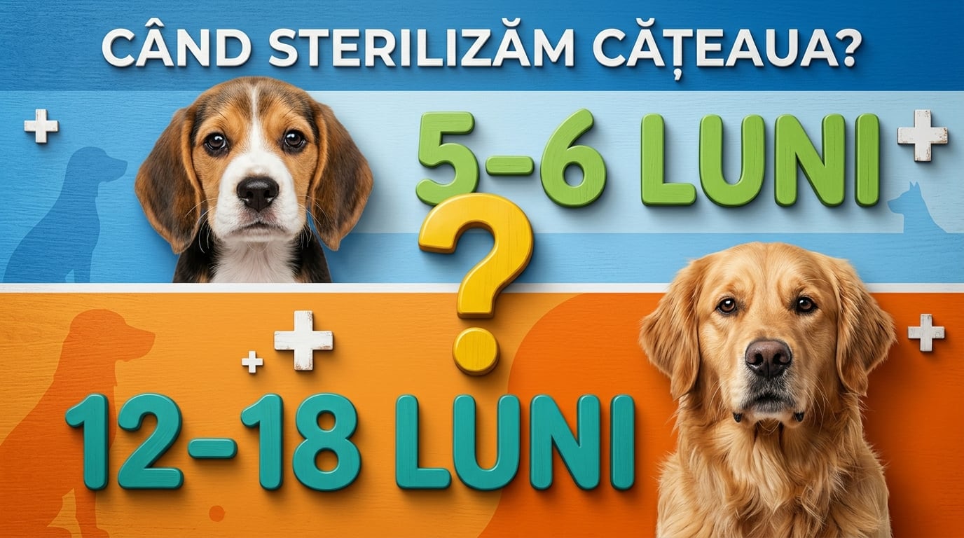 Cățea Golden Retriever cu guler de recuperare la cabinet veterinar, ilustrație pentru ghidul de vârstă optimă sterilizare cățea