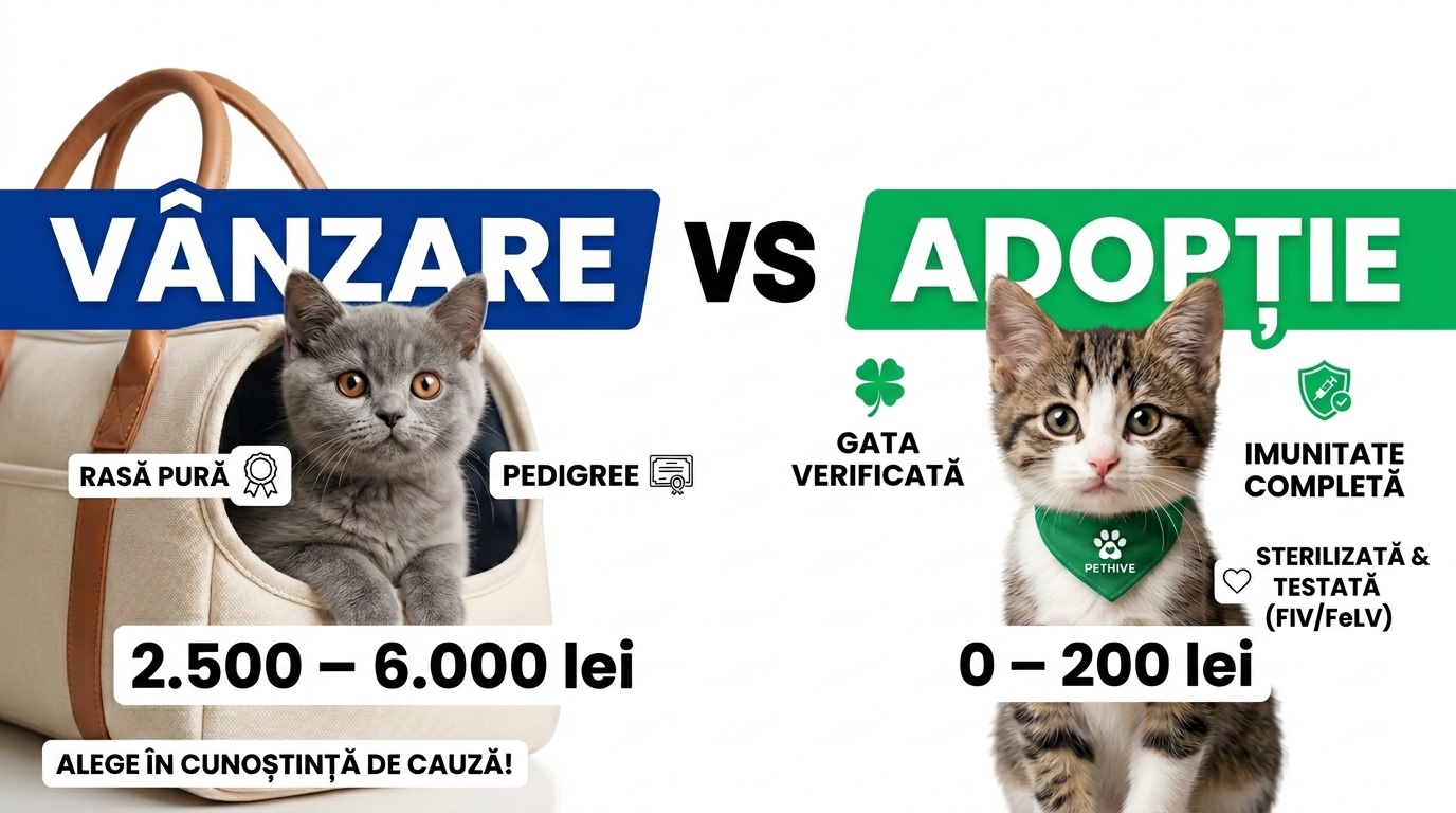 Pisici de vânzare vs adopție 2026: prețuri 200-6000 lei