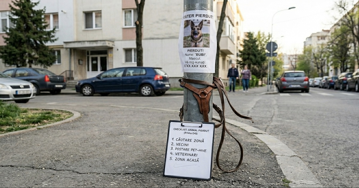 Poster caine pierdut si checklist primele 60 de minute pe un stalp de pe strada