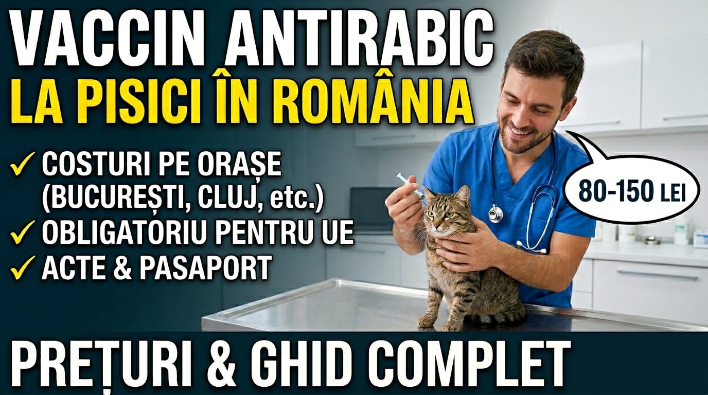 Pisică British Shorthair ținută calm pe masa de consultație la cabinet veterinar în timp ce medicul administrează vaccinul antirabic